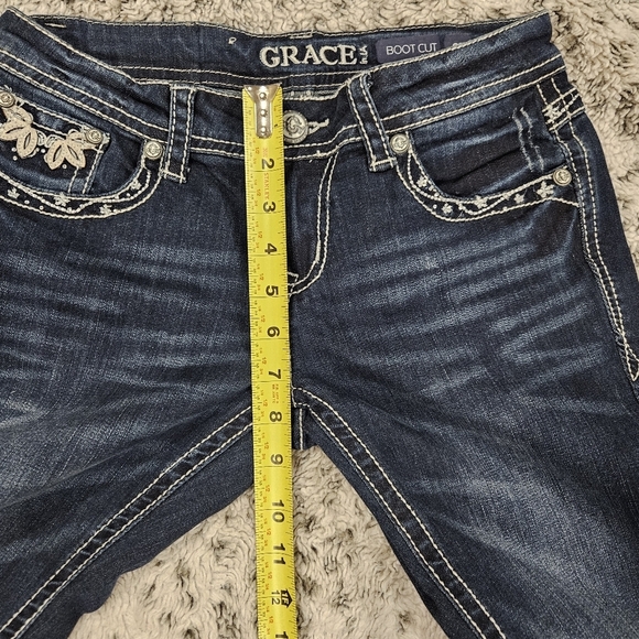 Grace SZ 27 Y2K Med Wash Low Rise Embellished Boot Cut Biker Rodeo Denim Jeans - Picture 8 of 11